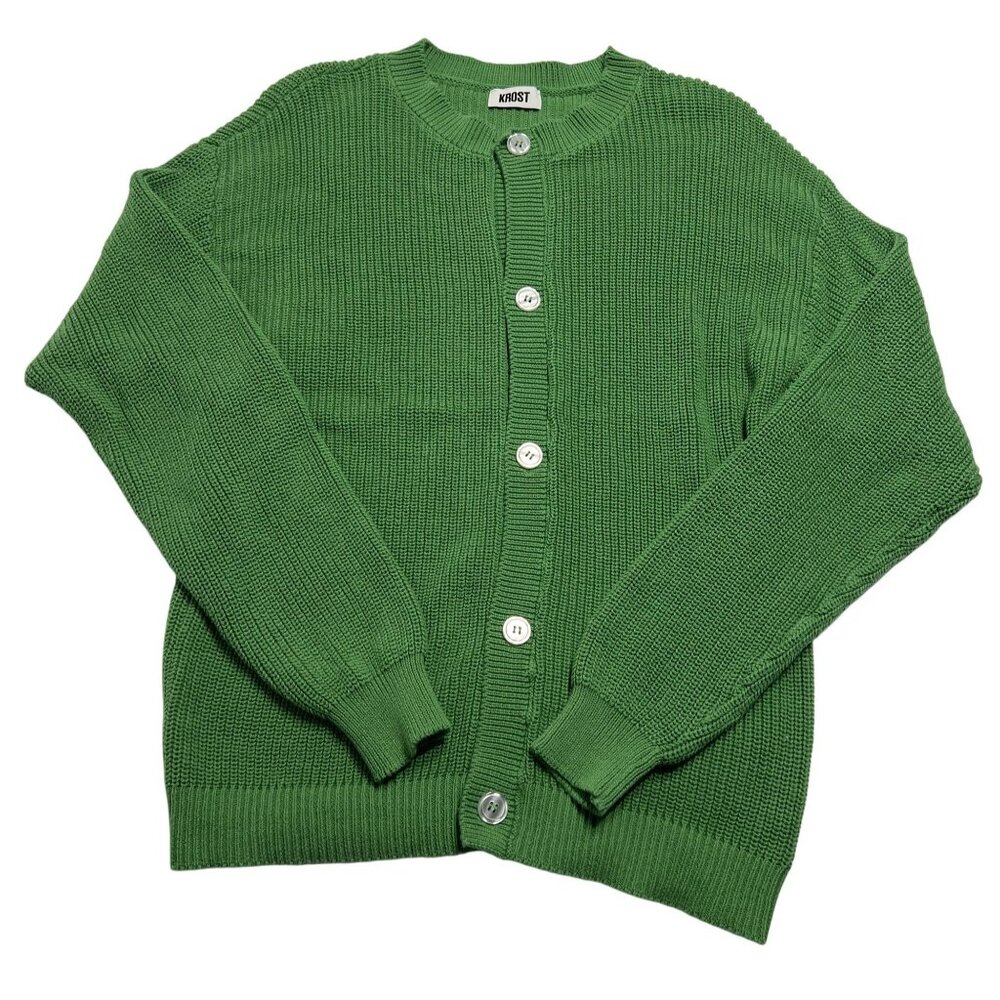 Krost Rib Knit Crewneck Cardigan in Green